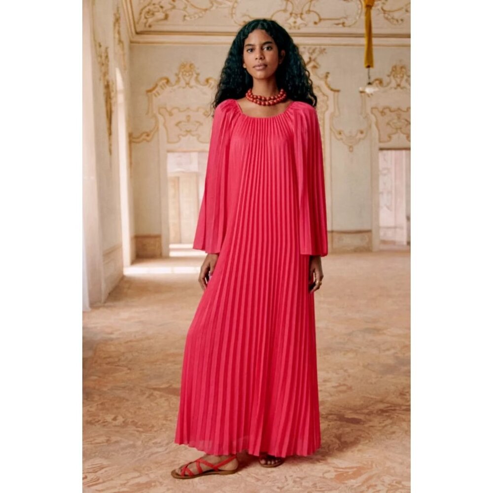 NWT Sezane Julietta in Poppy Pleated Flare Sleeve A-line Maxi Dress 38 / US 6